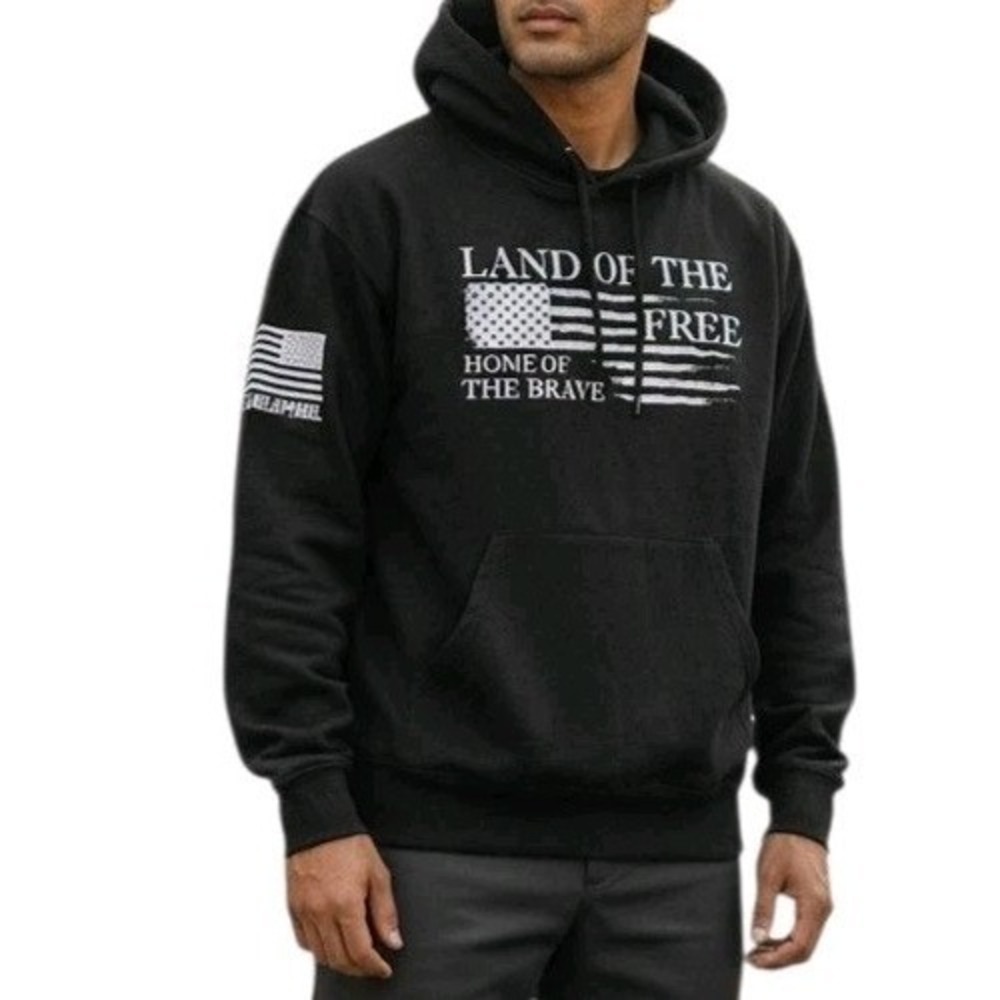 NineLine Men Hoodie Size XL Black USA Flag Land Of The Free Pullover Sweatshirt